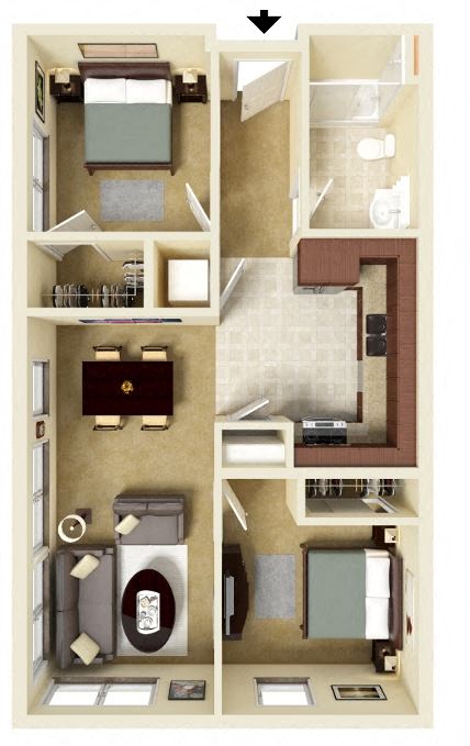 Floor plan for 2 beds, 1 bath, 786 sqft
